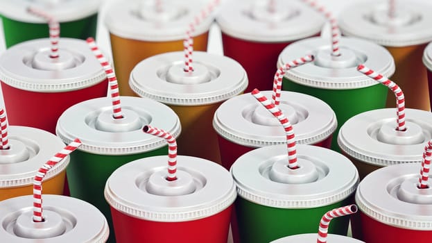 Group of soda cans with straws. 3D illustration.