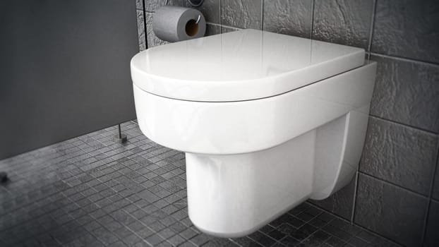Modern toilet inside restroom covered with gray stones. 3D illustration.