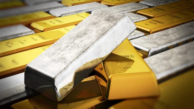 Stack of gold and silver ingots. 3D illustration.