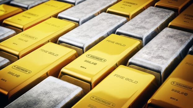 Stack of gold and silver ingots.. 3D illustration.