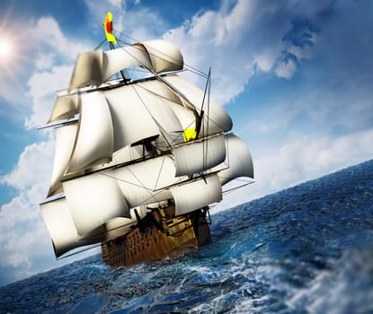 Vintage sailing ship at the sea under clear sky. 3D illustration.