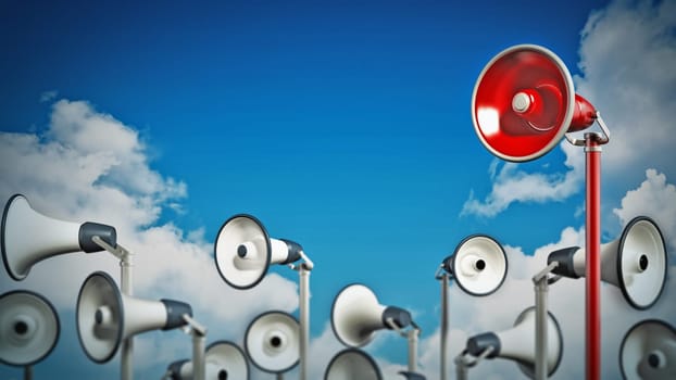 Red megaphone covering higher ground stands out among others. 3D illustration.