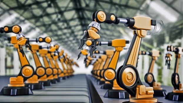 Robotic arms standing in a line inside a factory. 3D illustration.