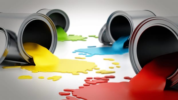 Open metal paint cans with spilled paints. 3D illustration.