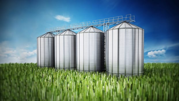 Agriculture grain silos on grass under blue sky. 3D illustration.