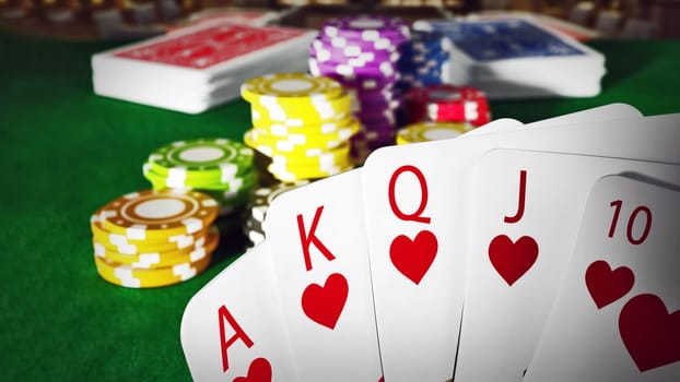 Poker royal flush hand and casino hands standing on poker table. 3D illustration.