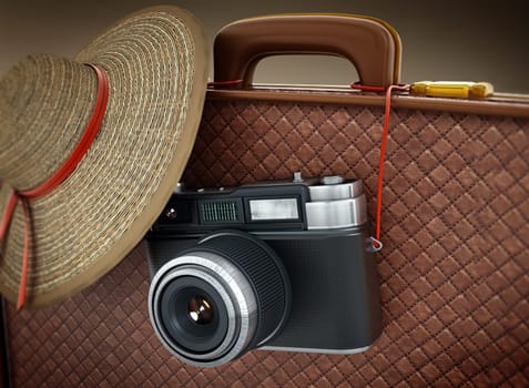 Vintage camera and women's hat hanging on suitcase. 3D illustration.