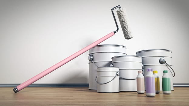 Paint cans, roller and bottles standing on hardwood floor. 3D illustration.