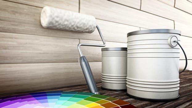 Paint can and roller standing on old wooden floor. 3D illustration.