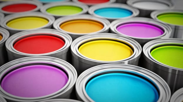 Vibrant colored paint cans background. 3D illustration.