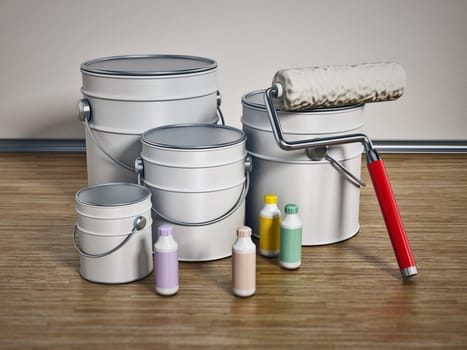 Paint cans, roller and bottles standing on hardwood floor. 3D illustration.