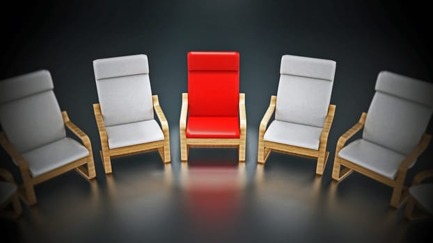 Red modern TV chair standing out among gray chairs. 3D illustration.
