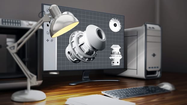 3D printer and desktop computer standing on the table. 3D illustration.