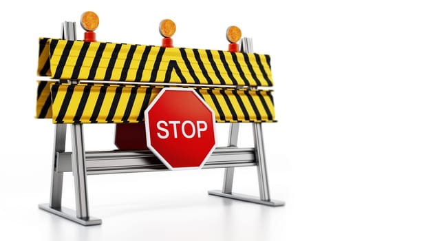 Road block with stop sign isolated on white background. 3D illustration.