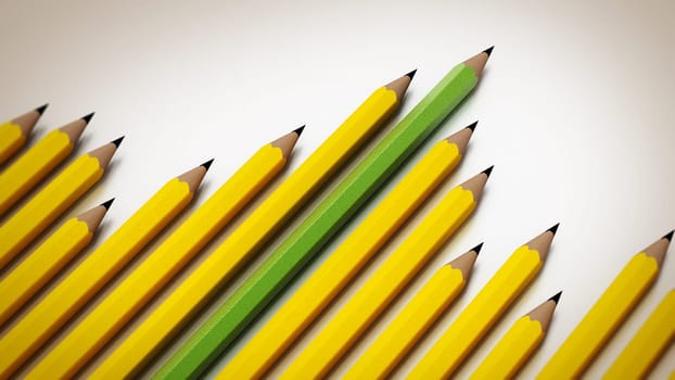 Green and yellow pencils arranged like a sales graph. 3D illustration.