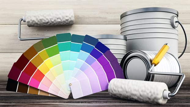Paint can and roller standing on old wooden floor. 3D illustration.