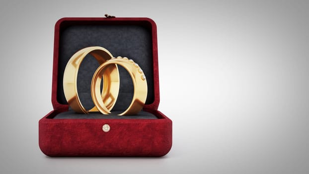 Wedding rings inside red velvet ringbox. 3D illustration.