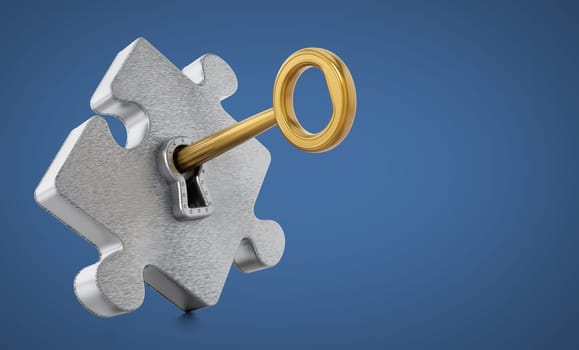Golden key unlocking metallic puzzle piece. 3D illustration.