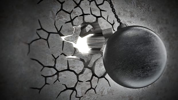 Wrecking ball demolishes old wall. 3D illustration.