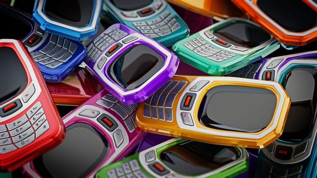 Old style multi colored mobile phones with keypad. 3D illustration.