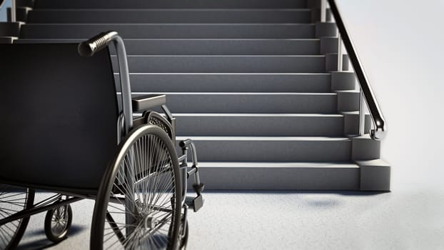 Empty wheelchair standing in front of steep staircase. 3D illustration.