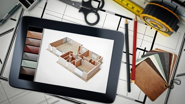 Home decoration tools standing on housebluprints. 3D illustration.