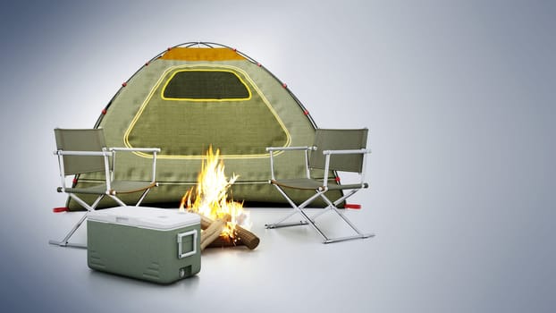 Camping tent, seats, fire and cooler isolated on white background. 3D illustration.
