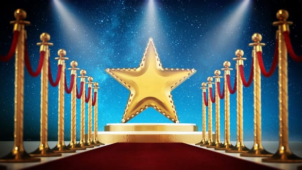 Star, red carpet and velvet ropes against night background. 3D illustration.