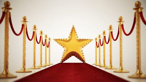 Star, red carpet and velvet ropes isolated on white background. 3D illustration