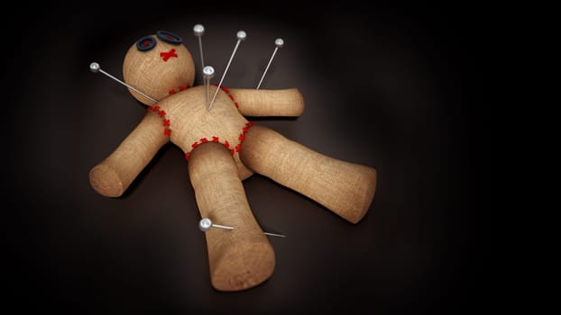 Voodoo doll with needles isolated on black background. 3D illustration.