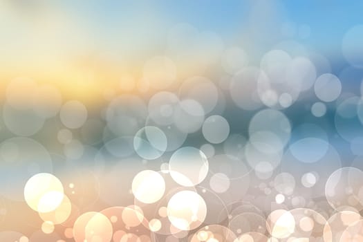 Abstract sunset illustration. Abstract evening or sunset mood background texture with mountains and orange colored bokeh lights of lit fantasy city and blue sky. Beautiful sunset.