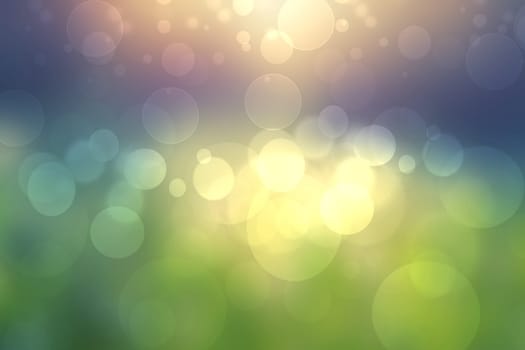 Abstract sunset illustration. Abstract evening or sunset mood background texture with blue and gold colored bokeh lights and green yellow landscape. Beautiful sunset.