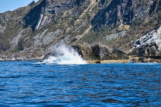 norway on the fjord, spray on rocks. Water splashes on the stones. Coastal landscape in Scandinavia. Landscape photo from the north