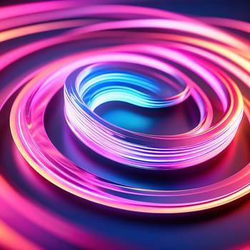 3d render. Abstract panoramic background of twisted dynamic neon lines, in wave form, glows in the dark space. Virtual fluorescent ribbon loop.