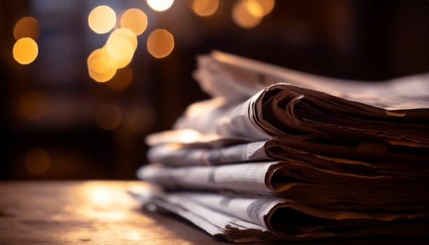Stack of newspapers on the table in the morning light. Selective focus. Media news concept. AI generated