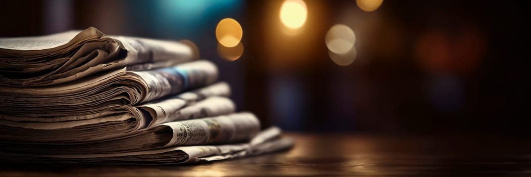 Stack of newspapers on the table in the morning light. Selective focus. Media news concept. AI generated