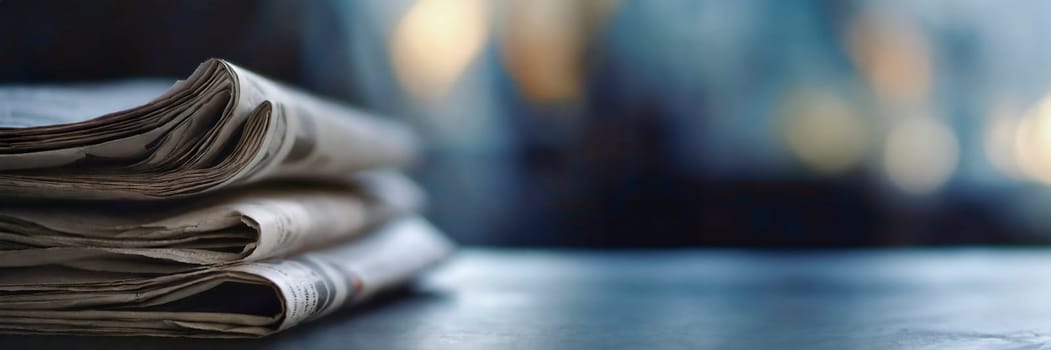 Stack of newspapers on the table in the morning light. Selective focus. Media news concept. AI generated