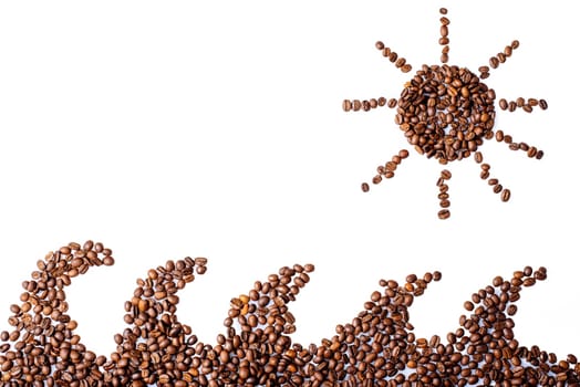 Creative coffee beans flat lay isolated on white background. Sun and sea waves summer coffee concept design. Cafe restaurant menu layout.