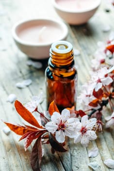 Essential massage oil with flower on rustic wooden background. Natural spa and wellness aromatherapy treatment still life. Homeopathy and alternative herbal medicine concept.