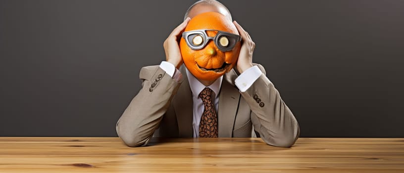 A man wearing a suit and tie, his eyes covered by a pumpkin mask.