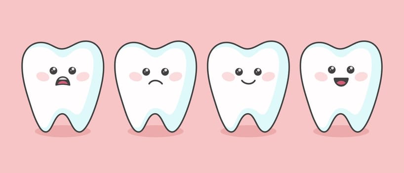 Flat Cartoon Vector Tooth Set with Different Emotions and Face Expressions. Happy, Sad, Smiling Teeth. Dental Inspection Banner. Tooth Character, Kawaii Style. Medical, Dentist, Dental Health Concept.