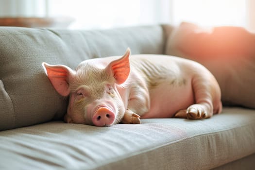 Fat lazy pig lying on the sofa.Concept for laziness and negligence. AI generated