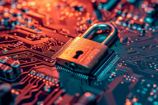 Lock on circuit board. Concept of network protection. AI generated