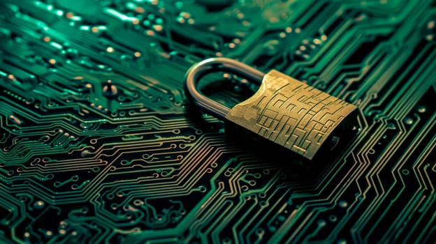 Security lock on computer circuit board - computer security concept. AI generated