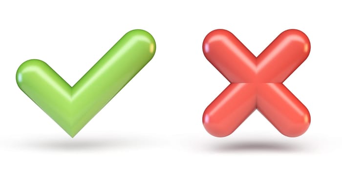 Green correct and red incorrect sign 3D rendering illustration isolated on white background
