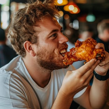 A man is sitting in a restaurant, enjoying a piece of fried chicken