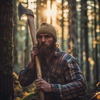 A contemplative bearded man holds an axe in the forest, with the sun setting behind the serene woodland
