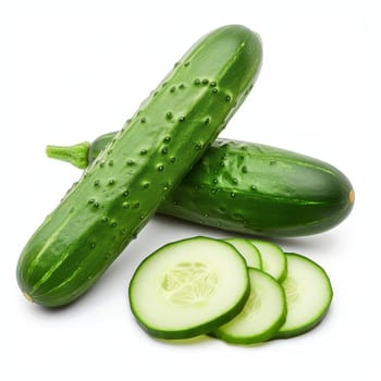 A whole cucumber and several slices of cucumber arranged neatly on a plain white background - isolated raw food