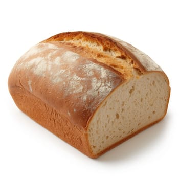A classic white bread loaf with a golden crust, dusted with flour, isolated on white background