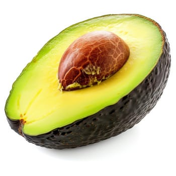 Close-up of a halved avocado with seed, isolated on white background